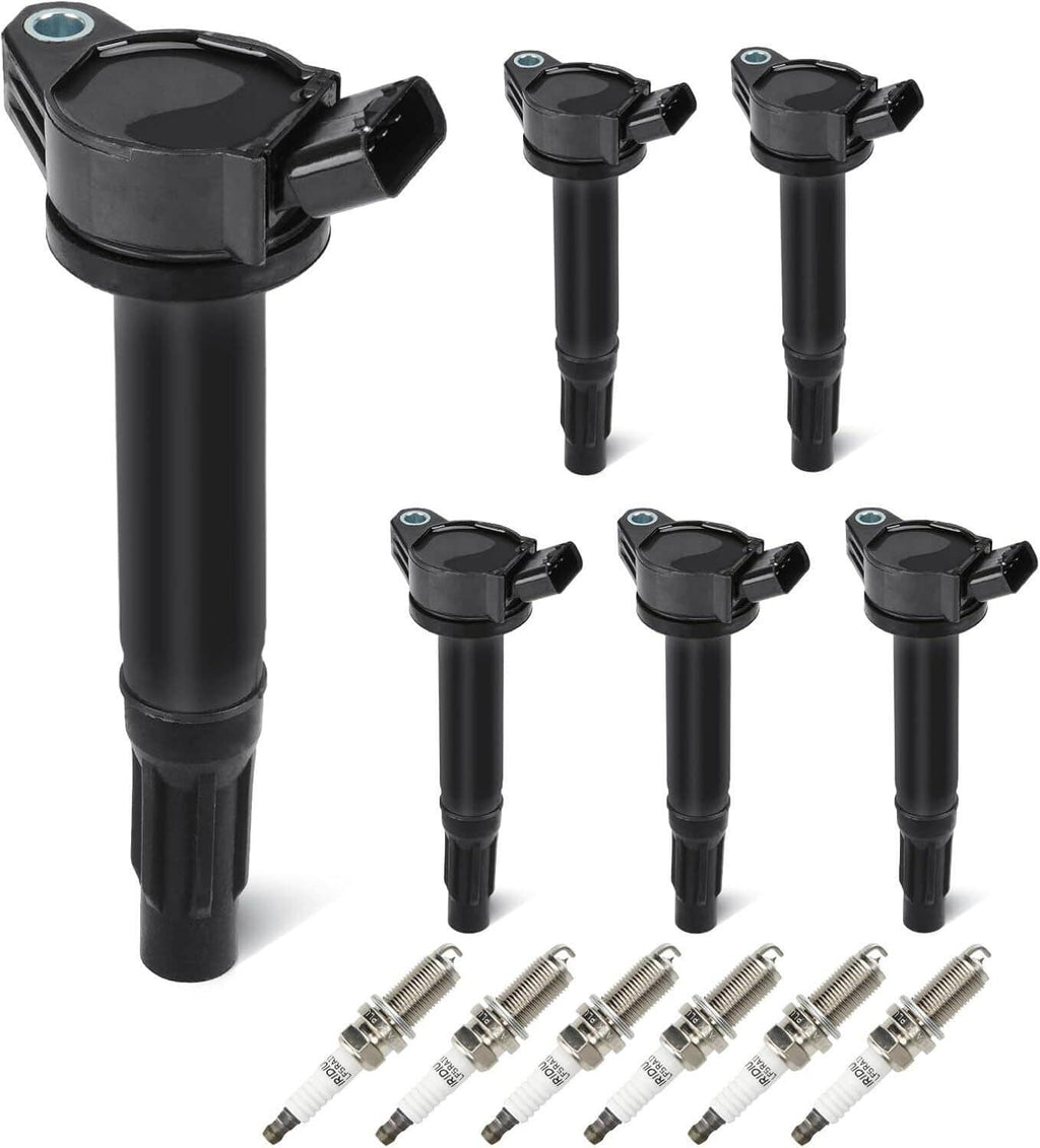 Set with six black ignition coils and six spark plugs with silver metal tips