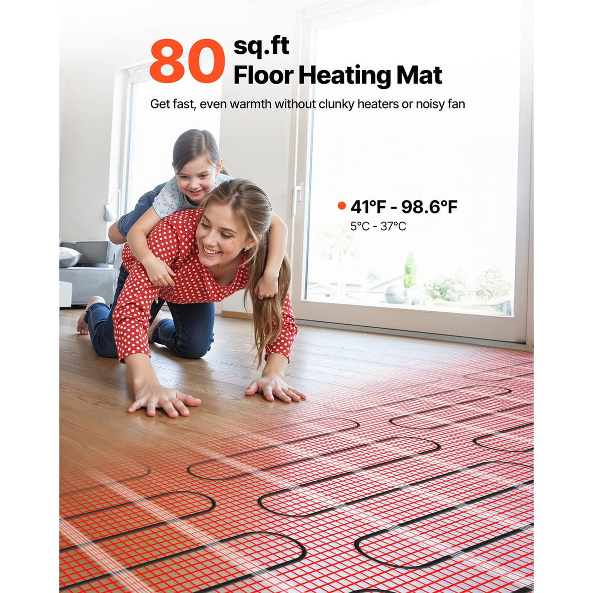 Red floor heating mat laid out on wooden floor with black heating cable loops