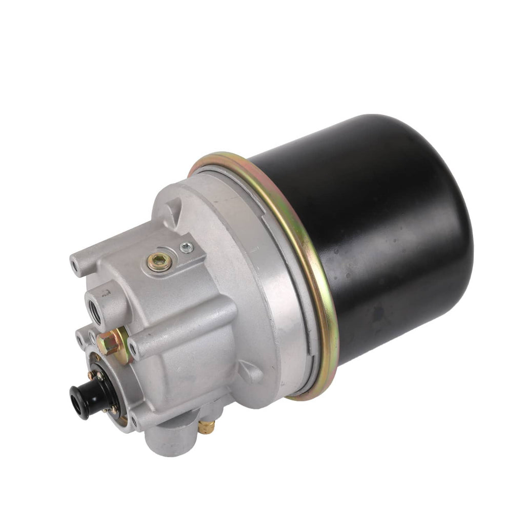 Air dryer assembly with black reservoir and silver mounting bracket end