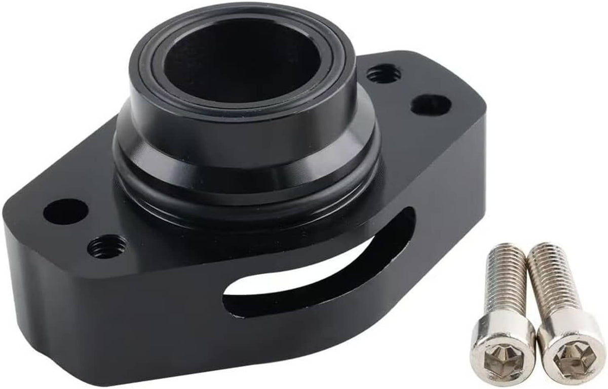 Black blow off valve adapter flange with central opening and two silver screws