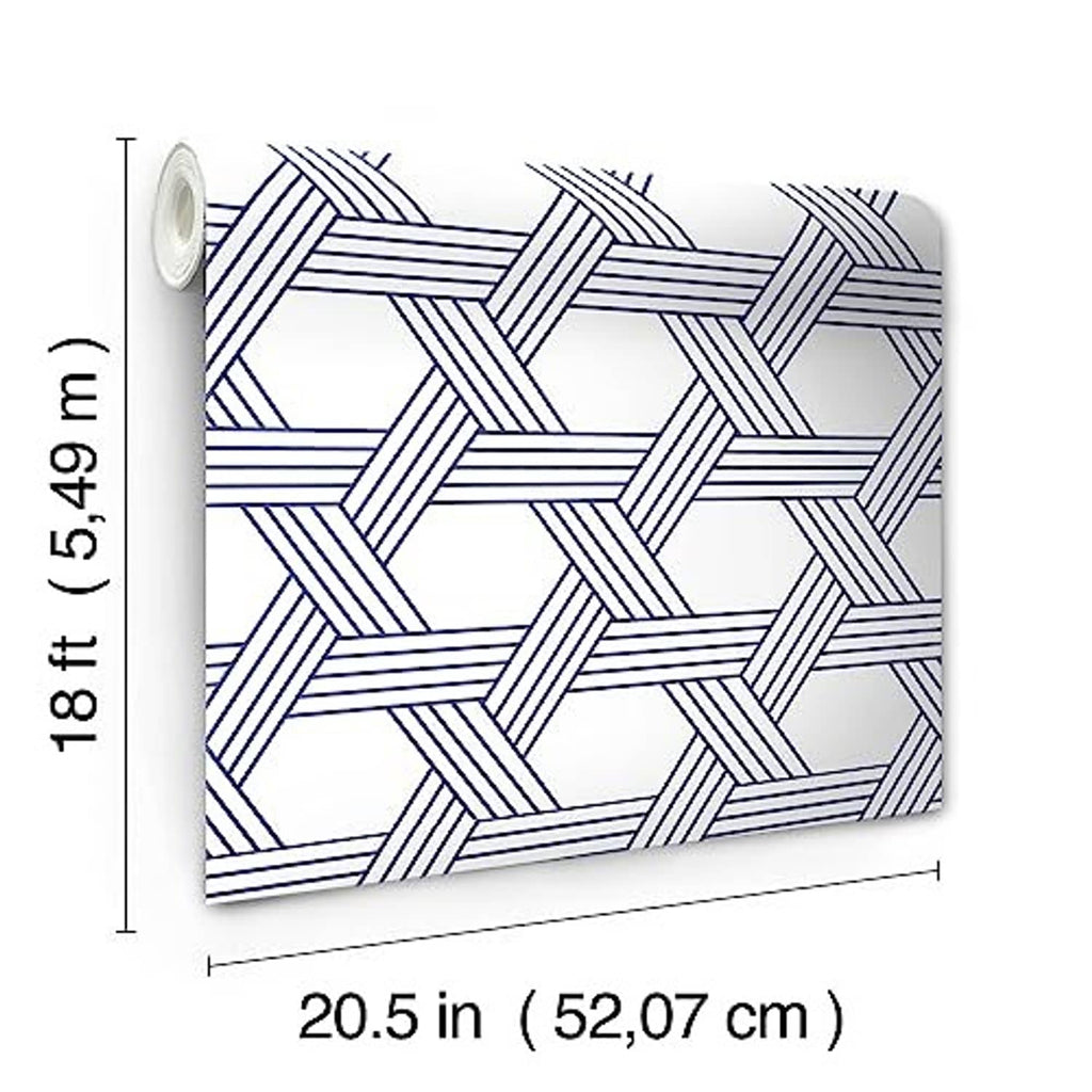 Blue-and-white geometric lattice self-adhesive wallpaper roll, 20.5 in width.