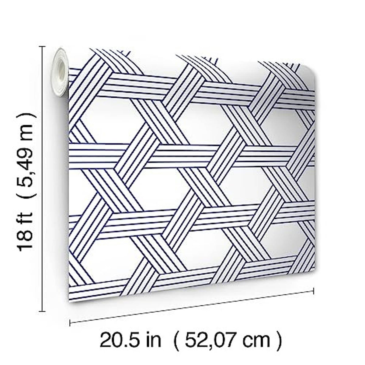 Blue-and-white geometric lattice self-adhesive wallpaper roll, 20.5 in width.
