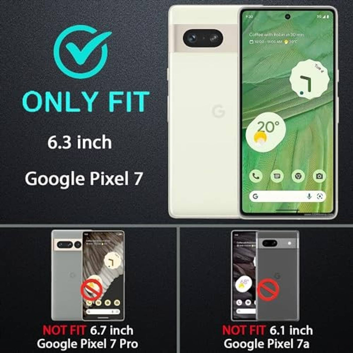 Black rugged phone case sized for Google Pixel 7, shown on the phone front view