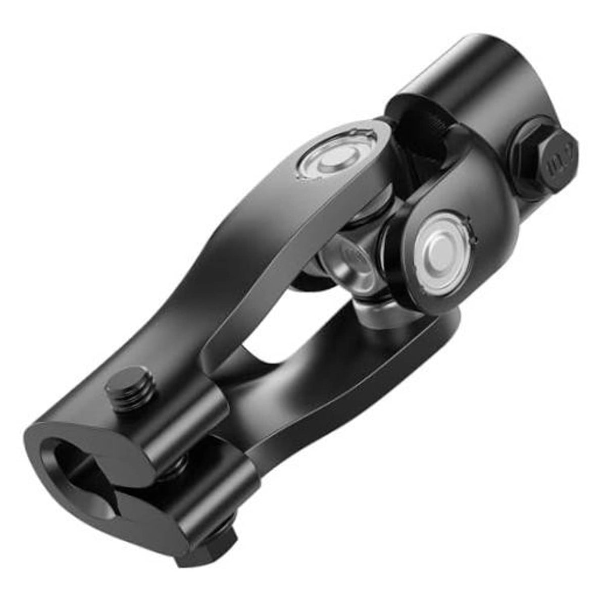 Close-up of black metal steering lower yoke with fork ends and circular bearing
