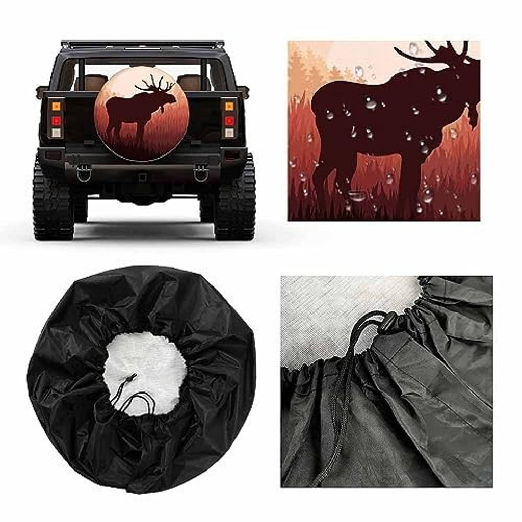 Moose spare tire cover set showing front view, fabric close-up, and packed cover