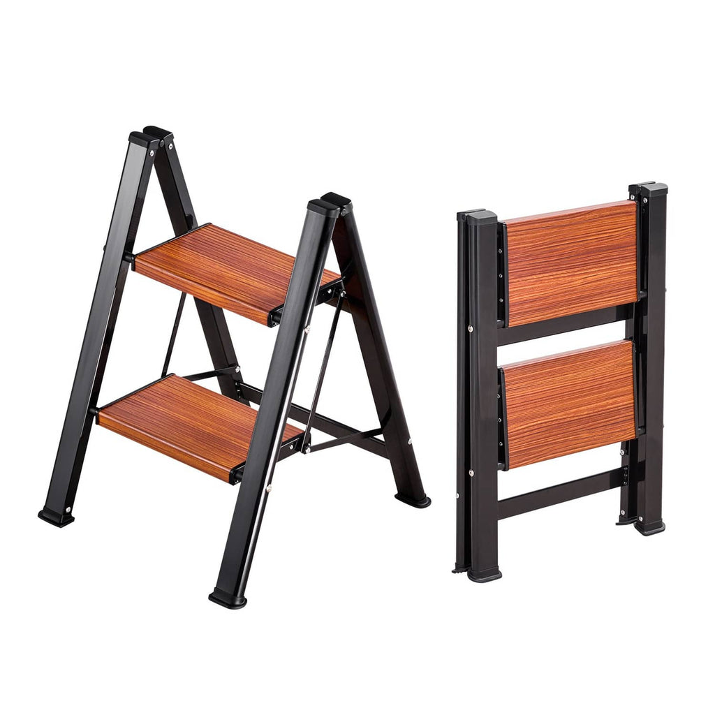 2-step folding ladder with wide wooden steps and dark non-slip feet
