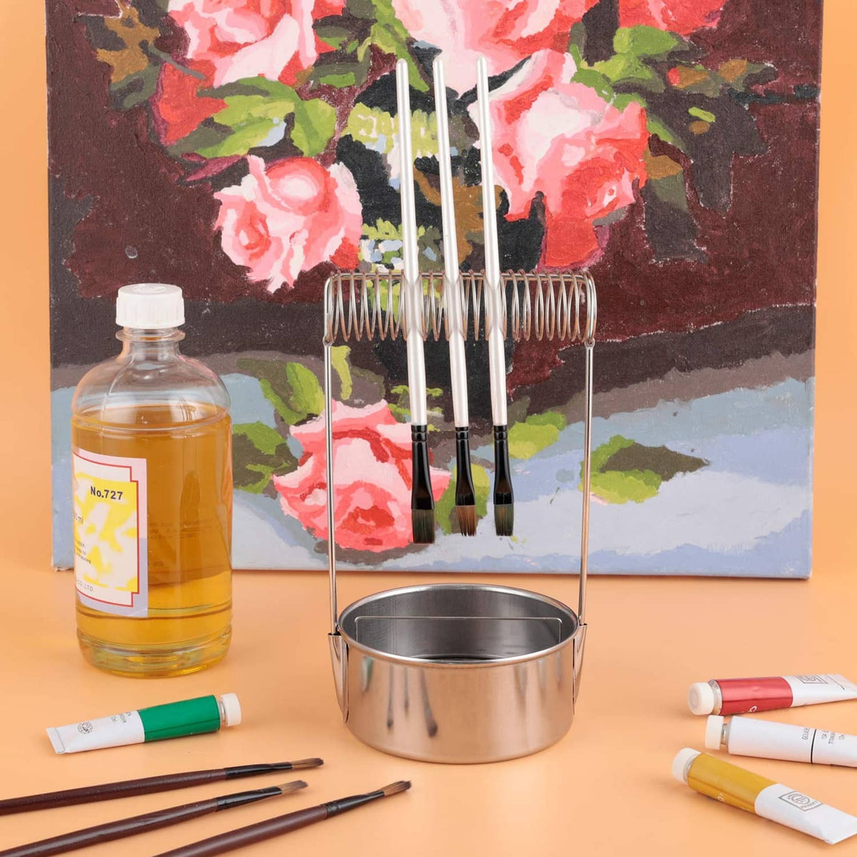 Portable stainless steel brush washer with wire rack and perforated drain lid