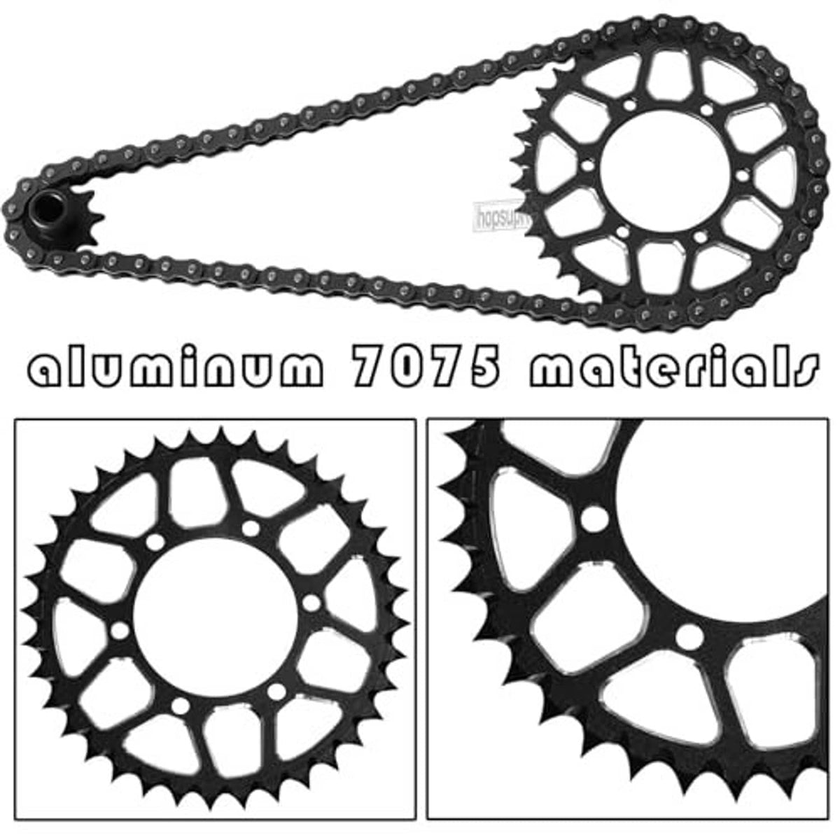 Black aluminum 7075 rear sprocket gear with chain links and hub