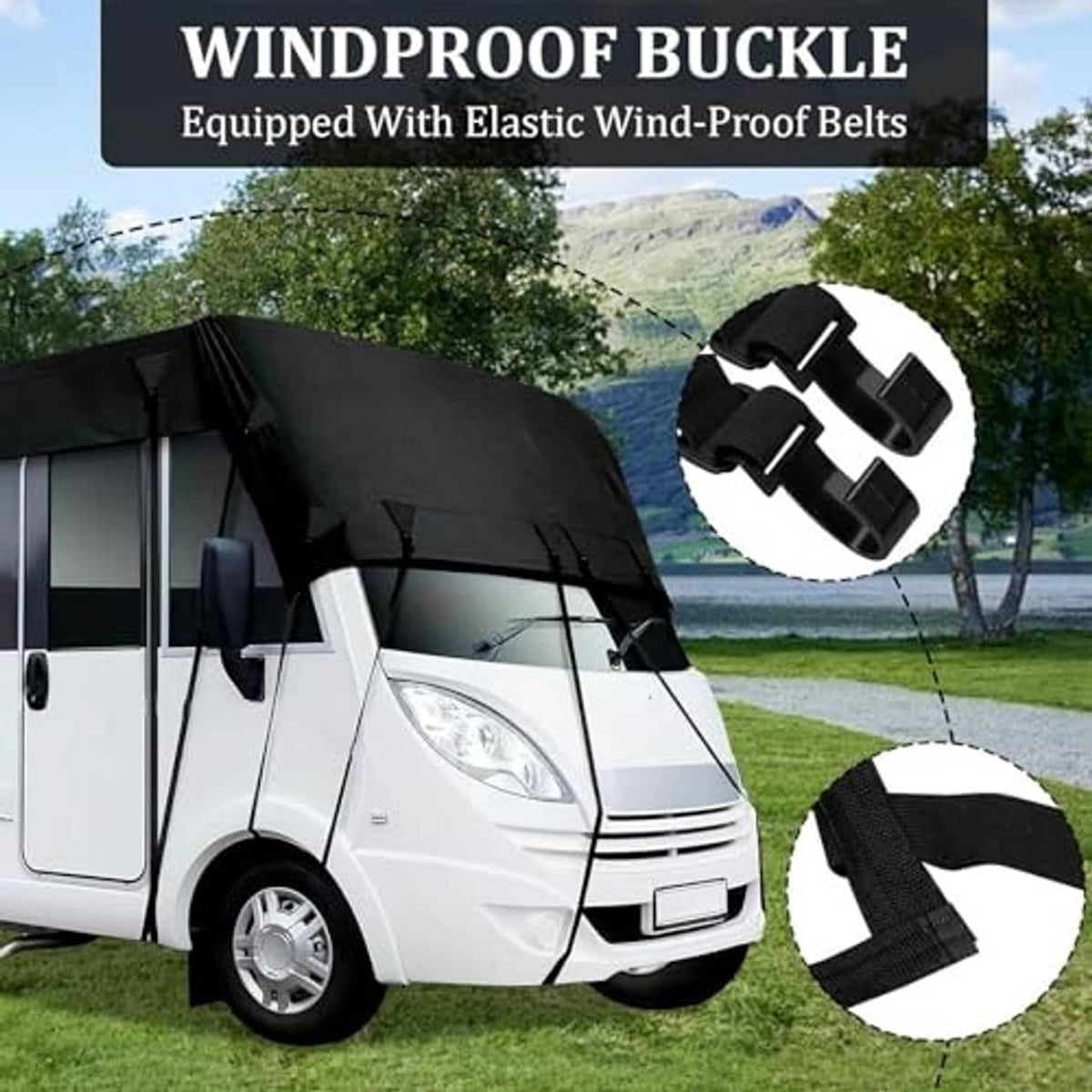 Black RV roof cover with elastic windproof belt buckles and straps
