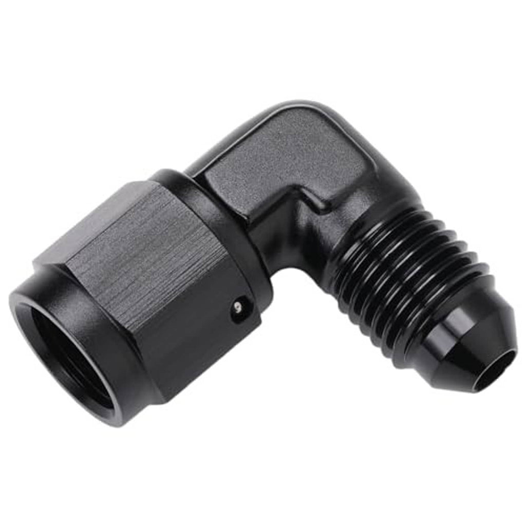 Black 90-degree AN swivel elbow fitting with hex collar and external threaded ends
