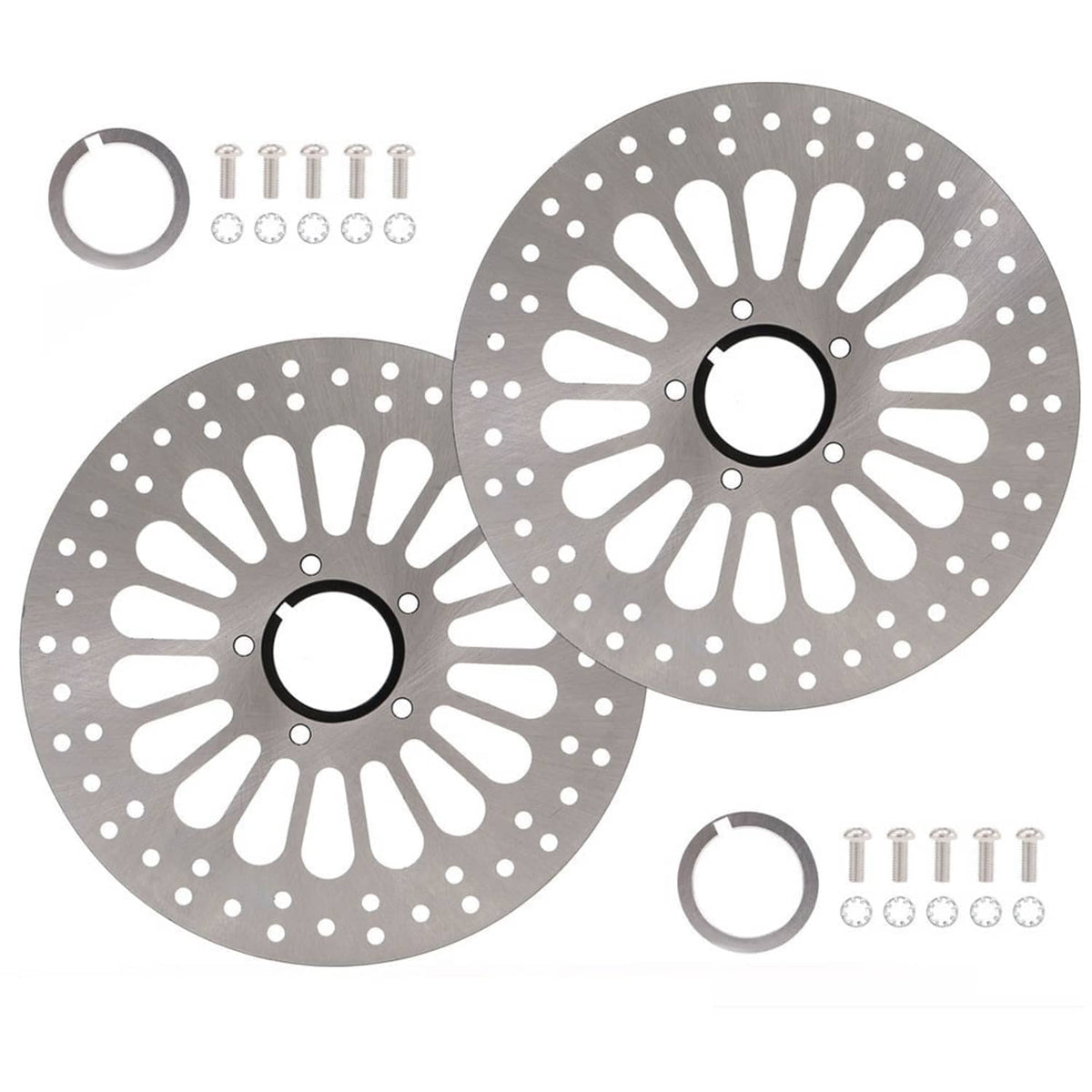 Front and rear brake rotor set with bolts, dual drilled stainless rotors and mounting rings