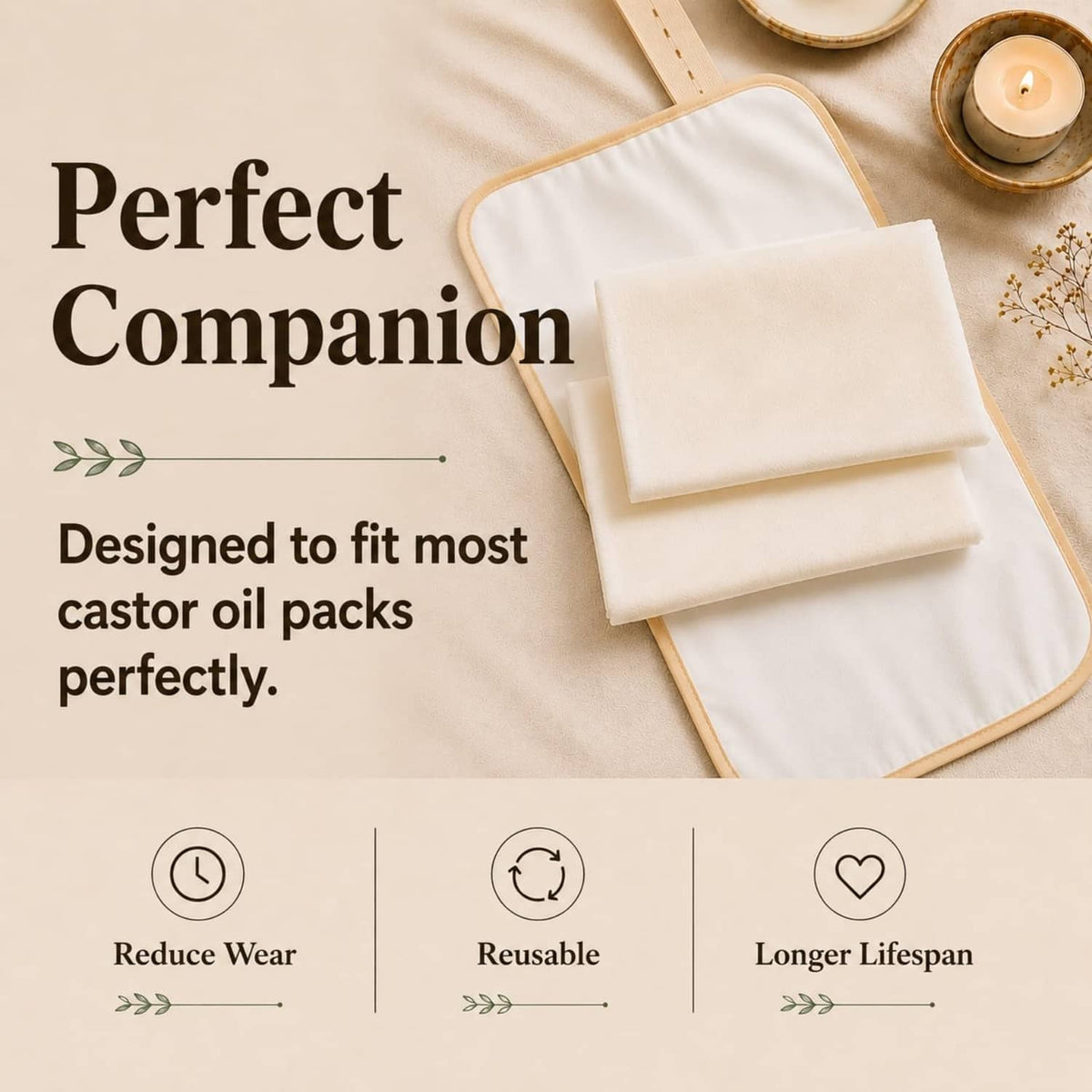White flannel castor oil pack wraps, folded rectangles in a neat set