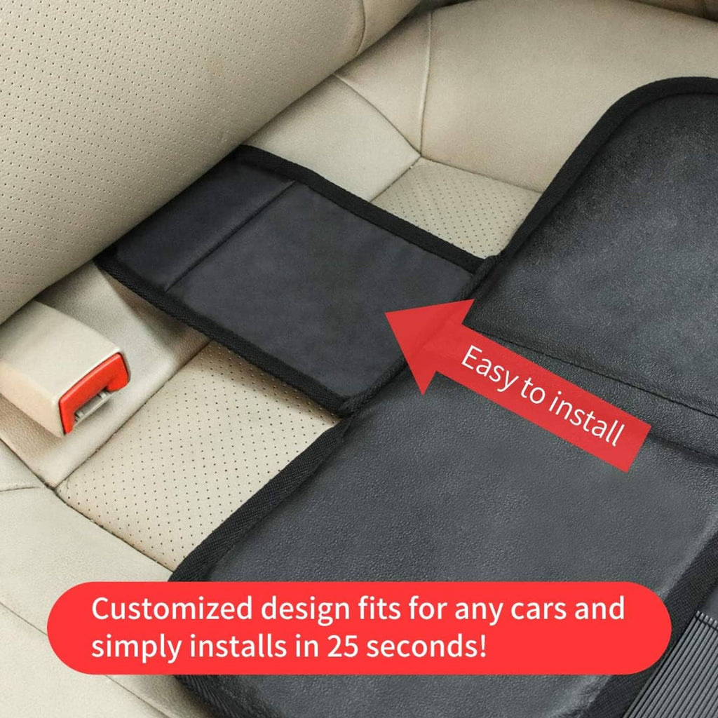 Black car seat protector pad with hook-and-loop edge straps for quick installation