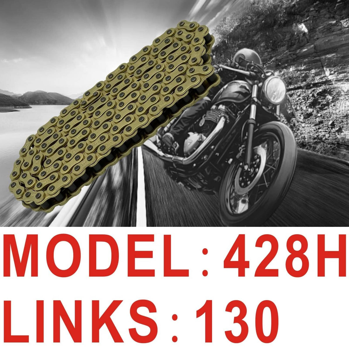 Gold motorcycle roller chain, 130-link loop close to a motorcycle wheel