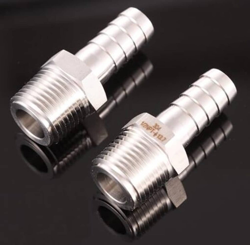 Two stainless steel hose barb to male NPT fittings with threaded male ends and barb