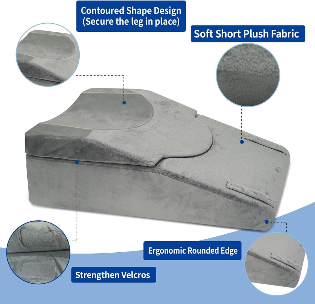 Gray contoured leg elevation pillow with rounded edge and secure side strap