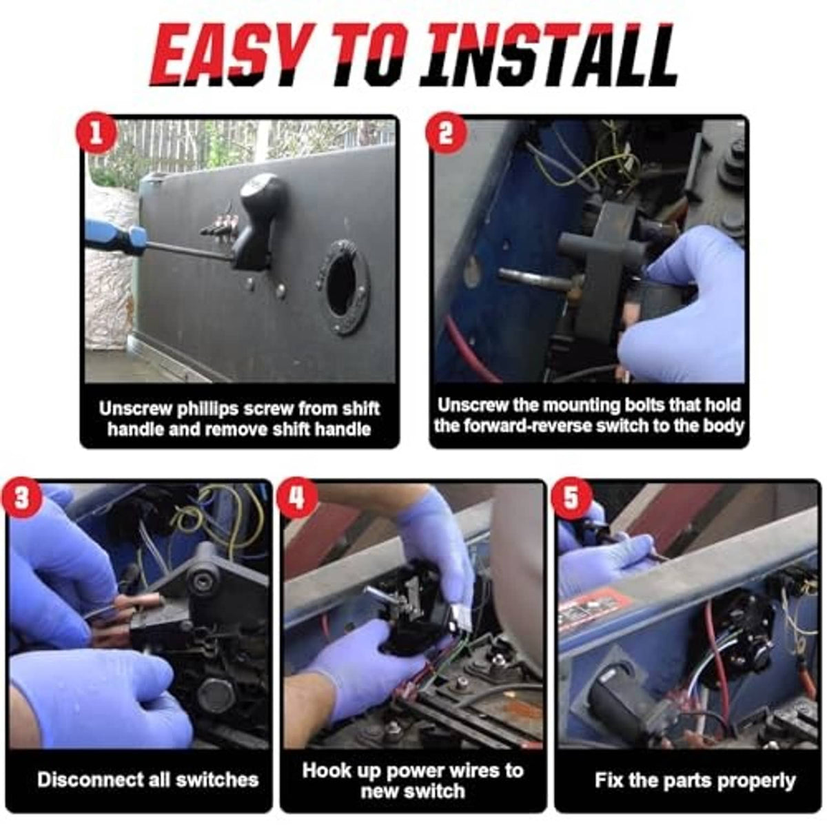 Tools and hands installing forward-reverse switch, showing wiring and mounting steps