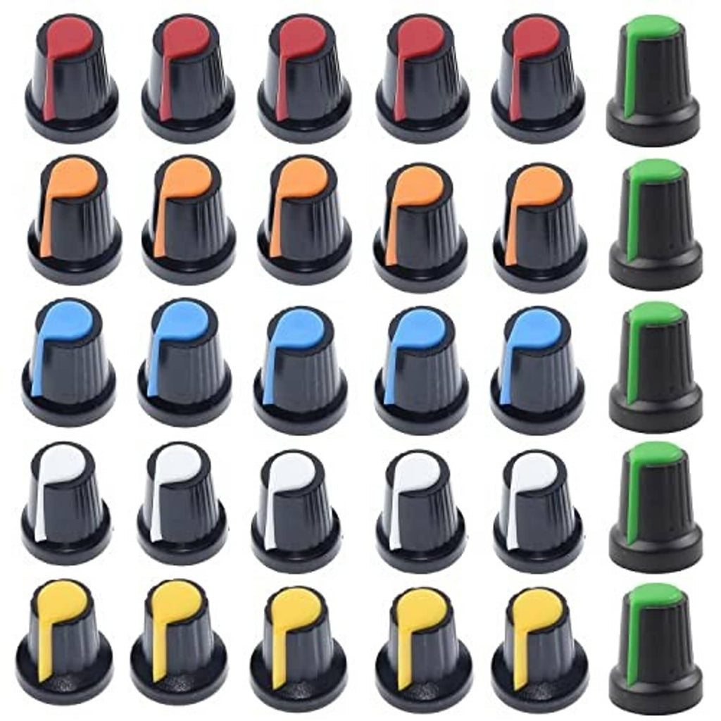 30-pack potentiometer knob switch caps, black bases with red, orange, blue, white, green tops