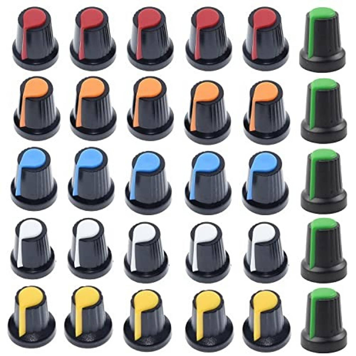 30-pack potentiometer knob switch caps, black bases with red, orange, blue, white, green tops
