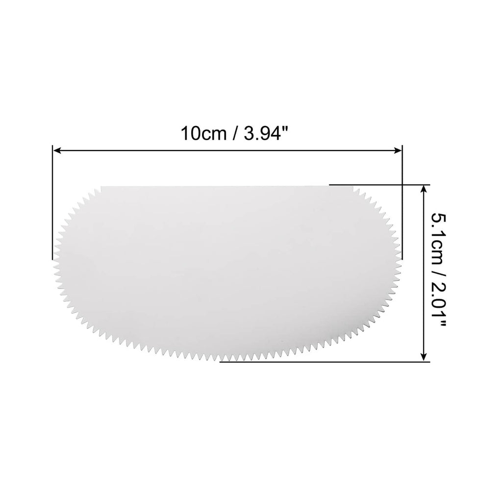 Rounded stainless steel clay scraper blade with serrated rim, silver tone; 100mm x 51mm