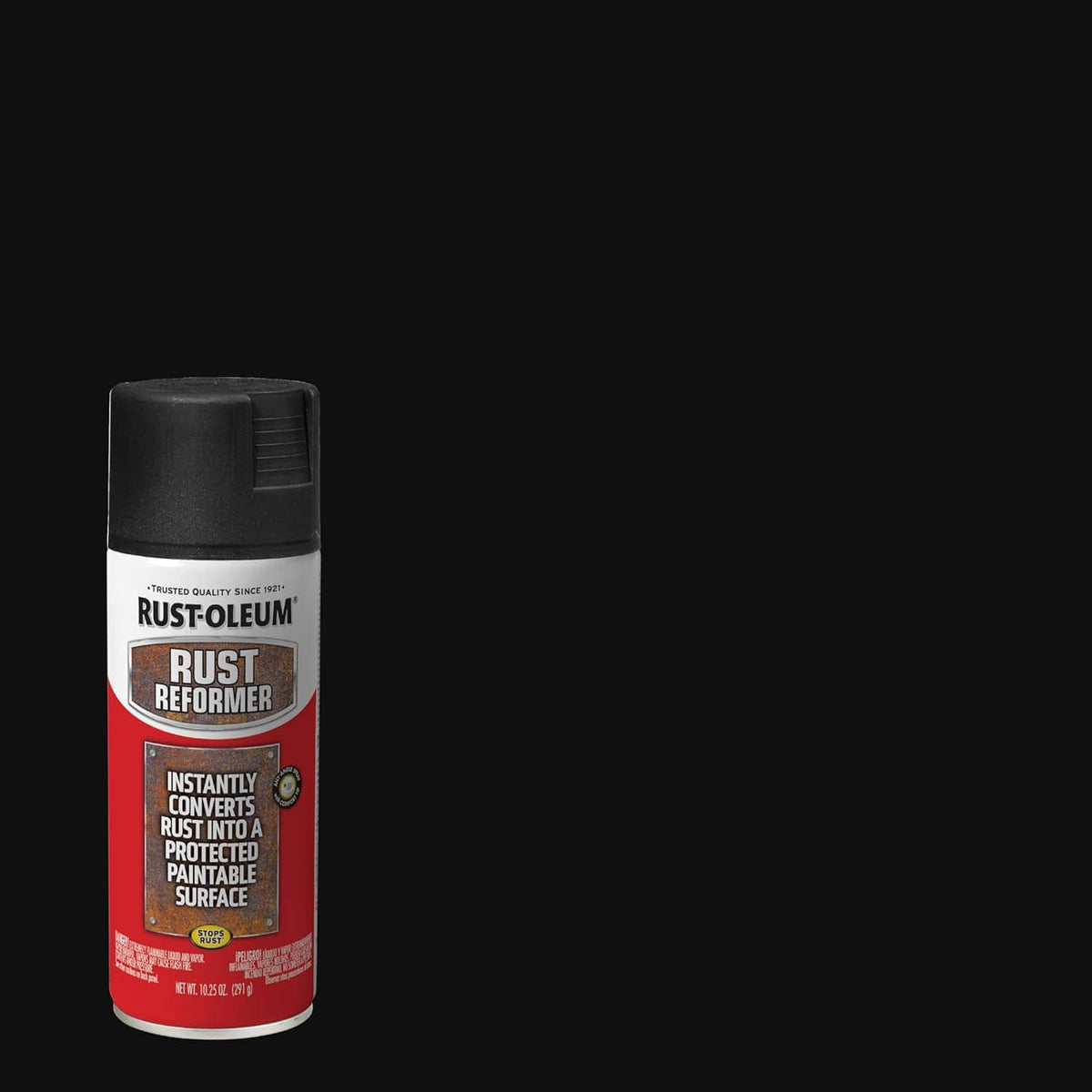 Rust-Oleum Rust Reformer spray paint can, matte black finish, front view