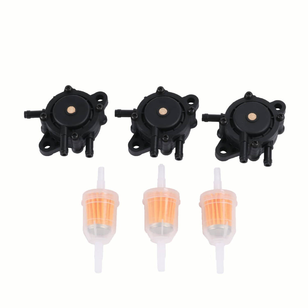 3-pack diaphragm gas fuel pumps with clear orange inline filters, black plastic housings