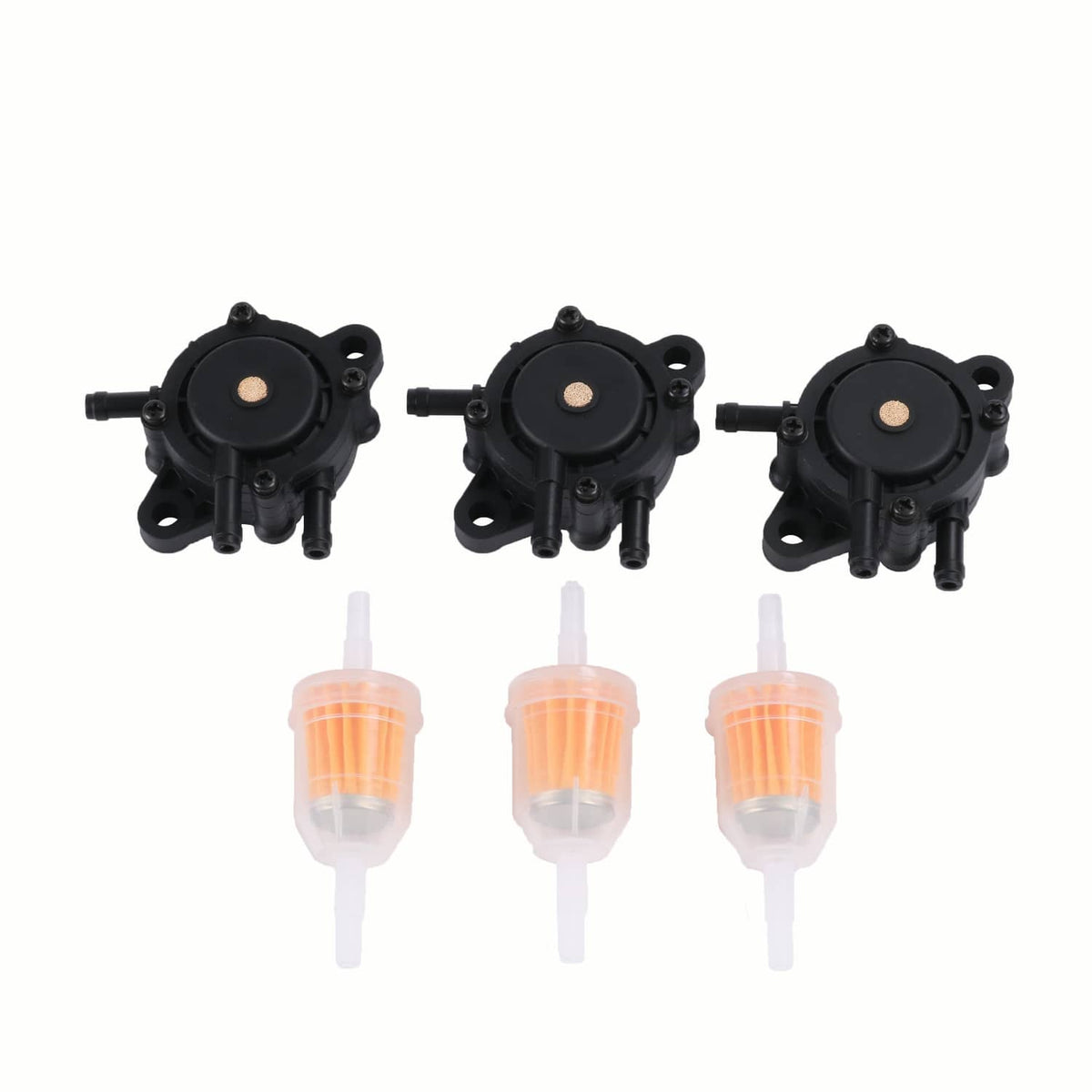 3-pack diaphragm gas fuel pumps with clear orange inline filters, black plastic housings