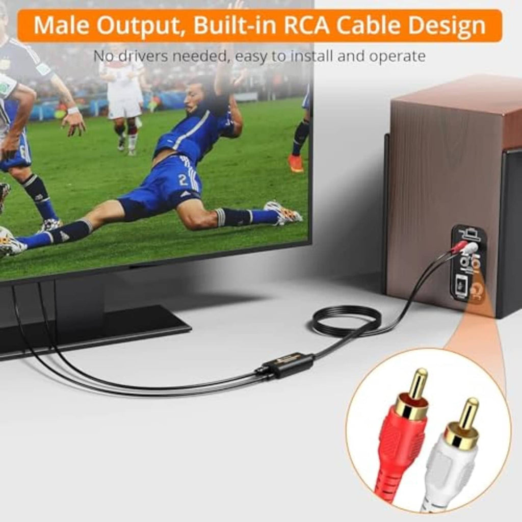 Optical-to-RCA DAC converter with integrated RCA cable and red/white connector plugs