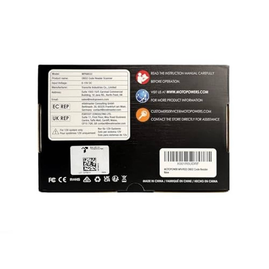 Motopower OBD2 code reader scanner box with label, QR code, and instruction text