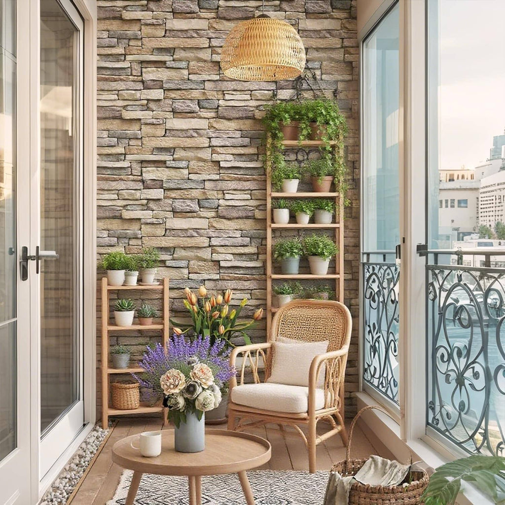 Faux stone brick peel-and-stick wallpaper in warm gray stacked layers
