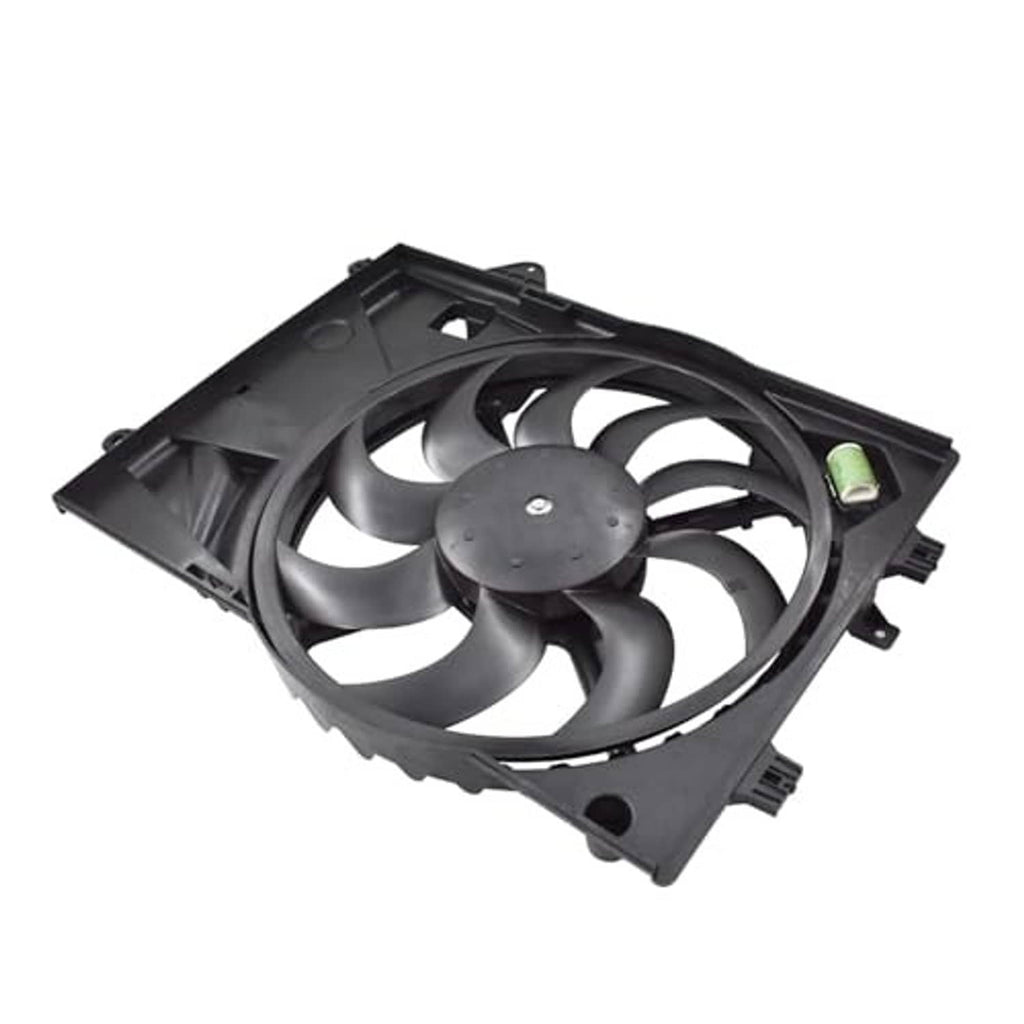 Radiator cooling fan and motor assembly with black fan frame and mounting tabs