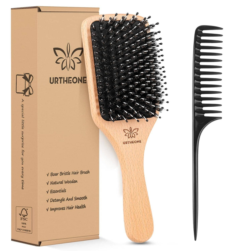 Boxed natural wood boar bristle hair brush with black bristles and separate comb
