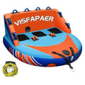 Orange and blue inflatable towable boat tube with handles, safety straps and rope
