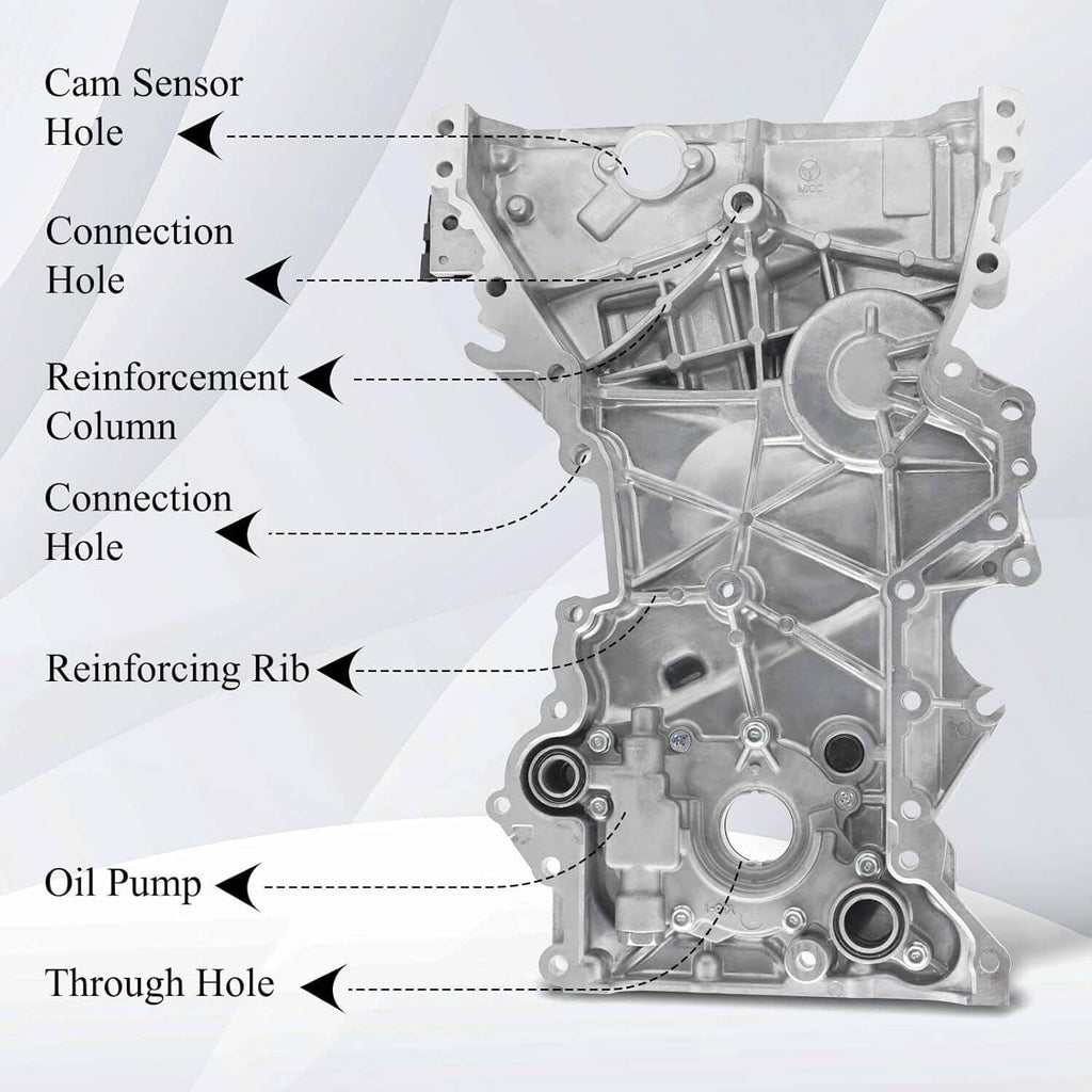 Engine timing cover with oil pump housing area, reinforcing ribs, and mounting holes