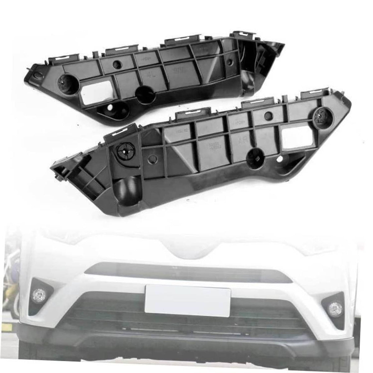 Front bumper retainer bracket support, black plastic with mounting holes