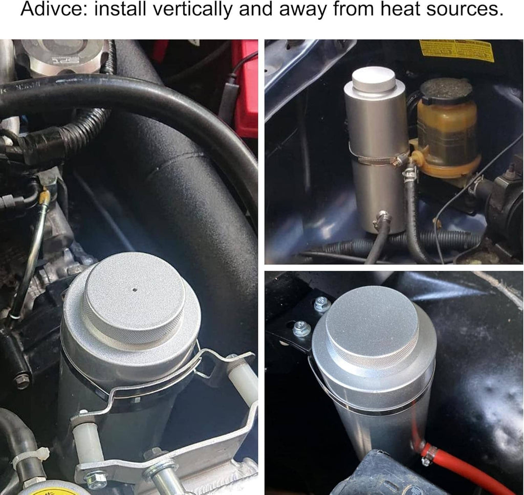 Aluminum coolant catch tank installed in engine bay with cap and side outlet