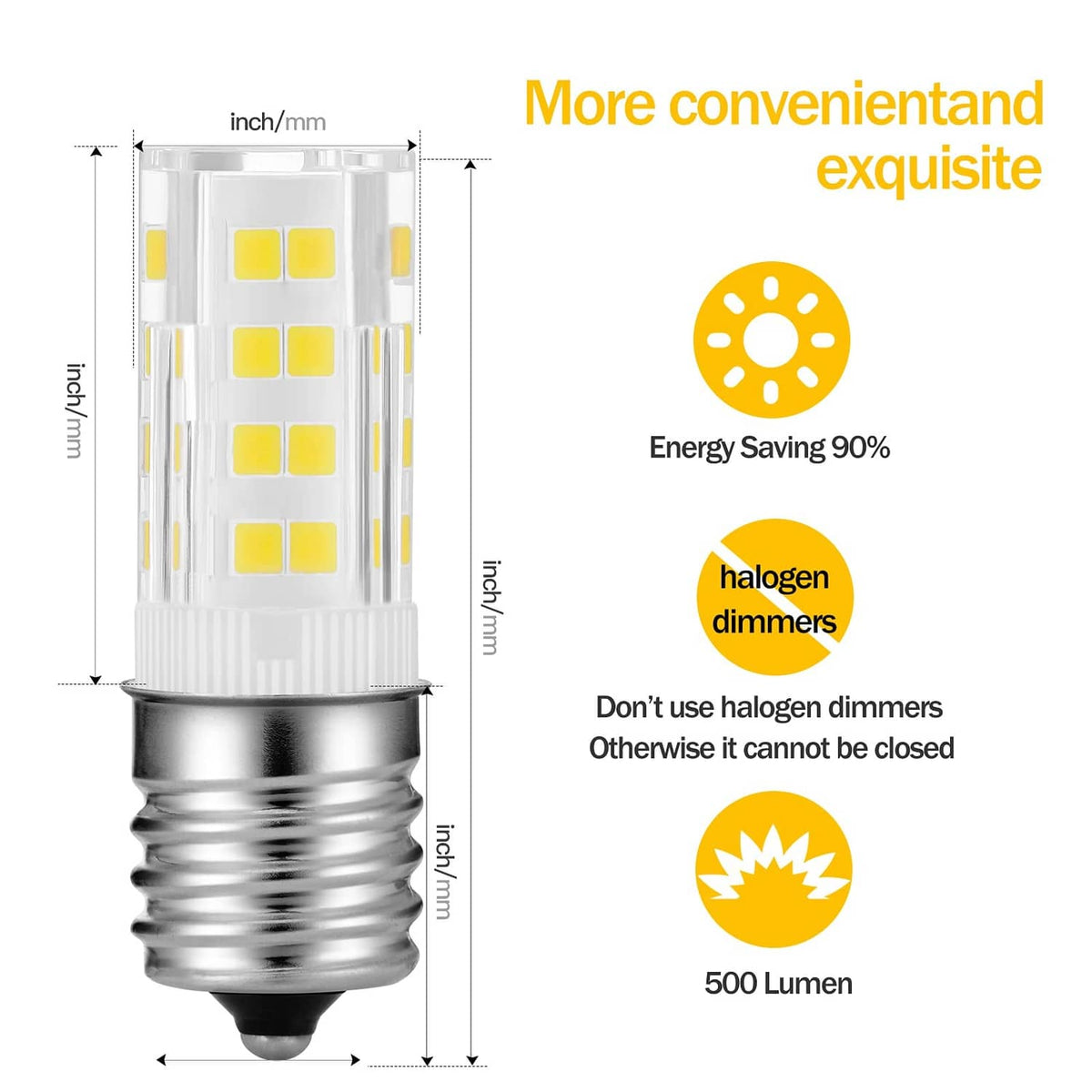 LED candelabra bulb with frosted sleeve, yellow LED chip array, metal screw base profile