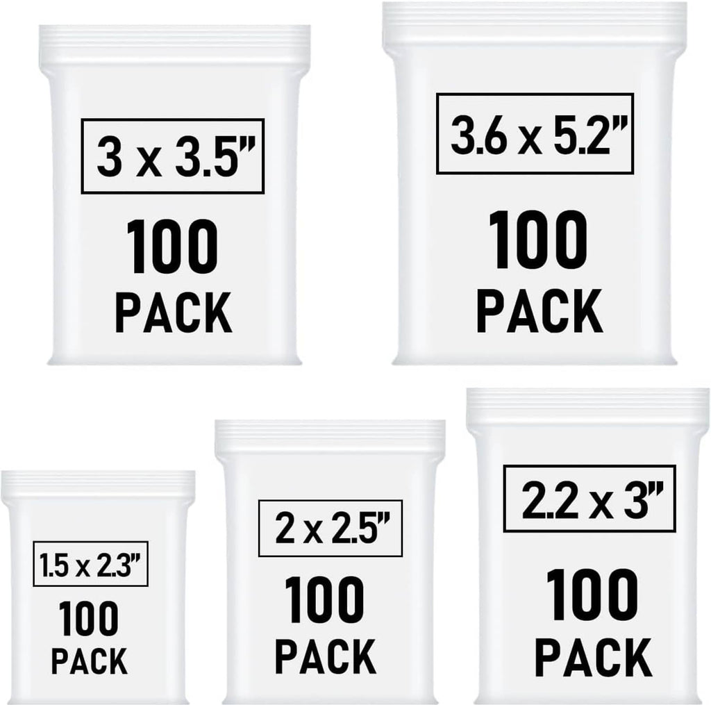 Assorted mini clear plastic bag sizes shown: 3x3.5 and 2x2.5, 2.2x3, 1.5x2.3