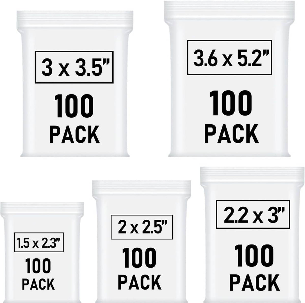 Assorted mini clear plastic bag sizes shown: 3x3.5 and 2x2.5, 2.2x3, 1.5x2.3