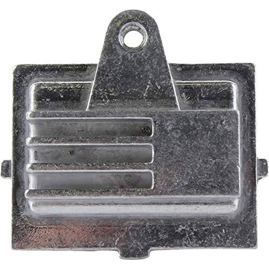 Metal regulator module with heatsink fins, mounting hole, and three terminals