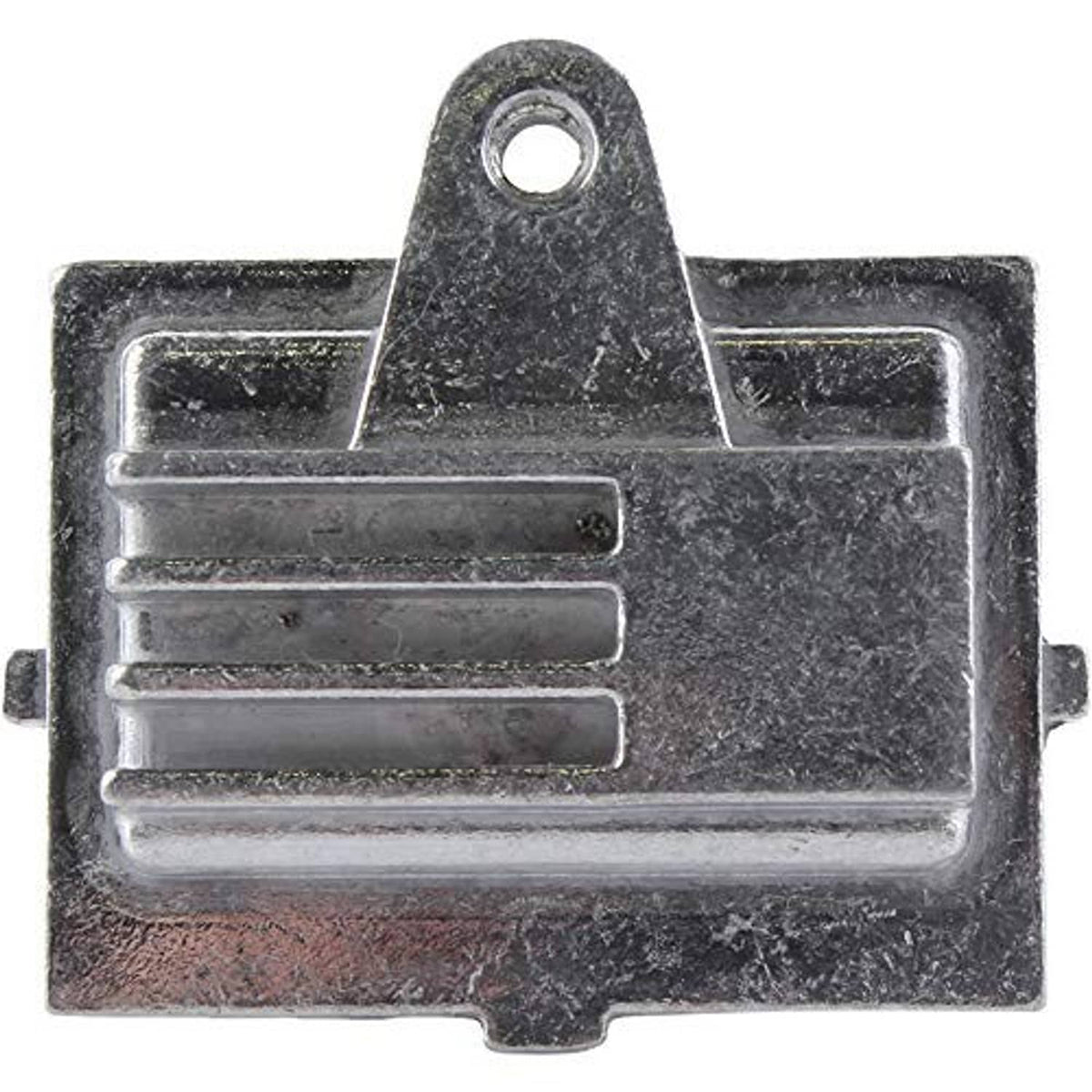 Metal regulator module with heatsink fins, mounting hole, and three terminals