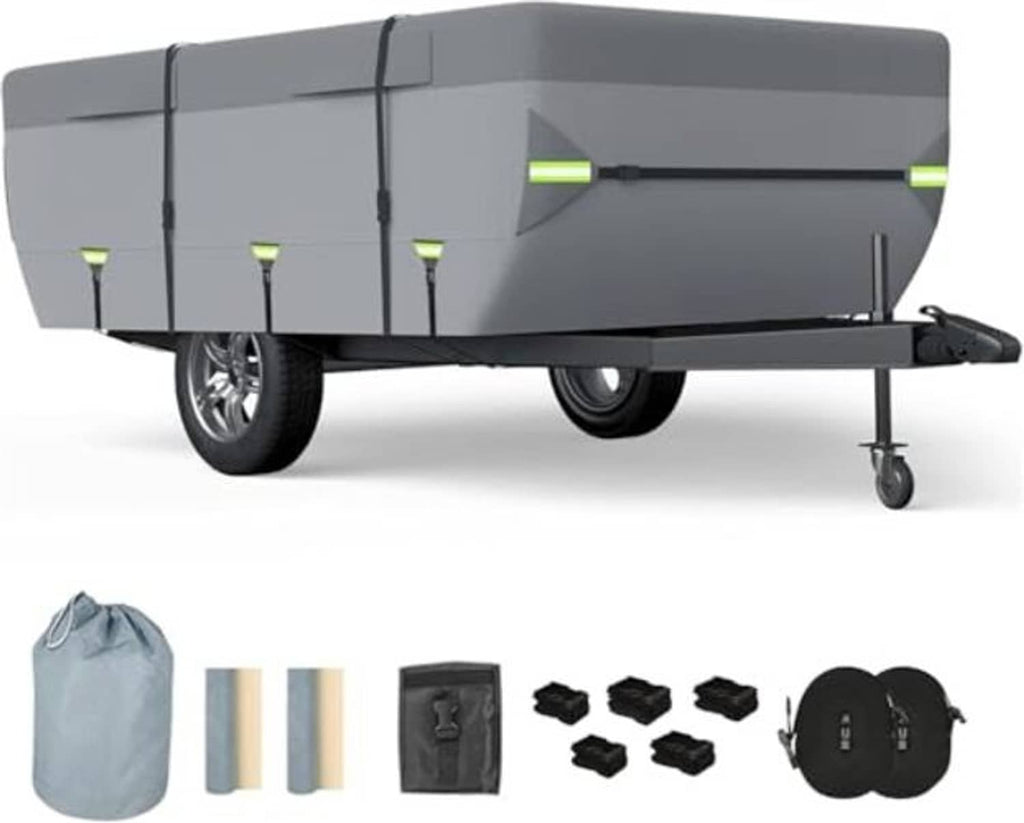 Gray pop-up camper trailer cover with front hitch area and side tie straps