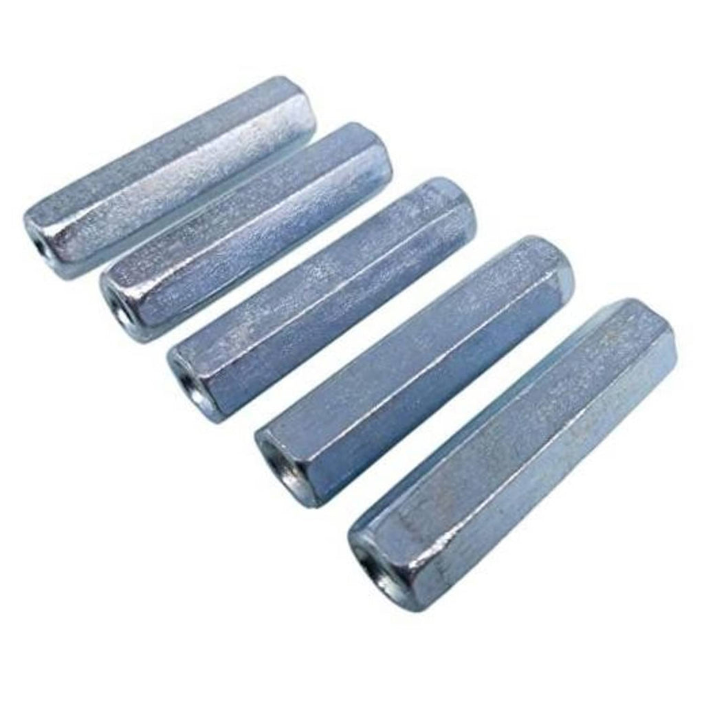 Zinc plated hex rod couplers, 5-pack, long cylindrical connectors with hex-shaped slots