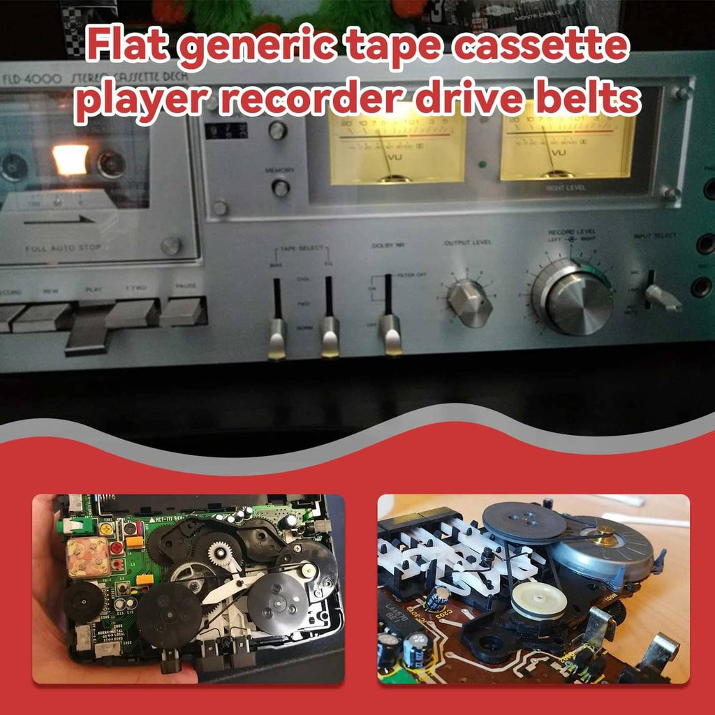 Cassette player front panel with drive-belt positions and internal mechanism details.