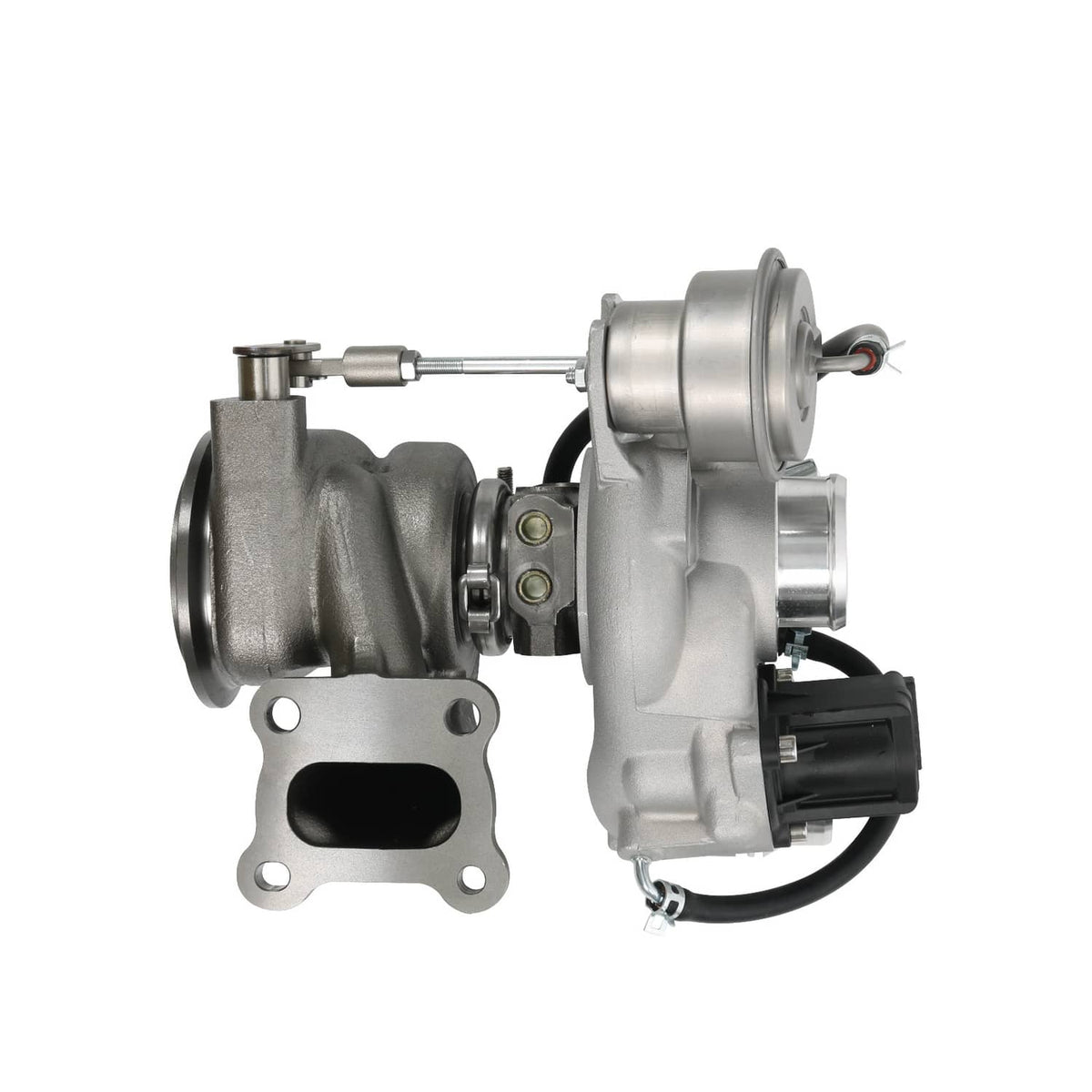 Turbocharger with turbine housing, inlet/outlet ports, and electrical connector