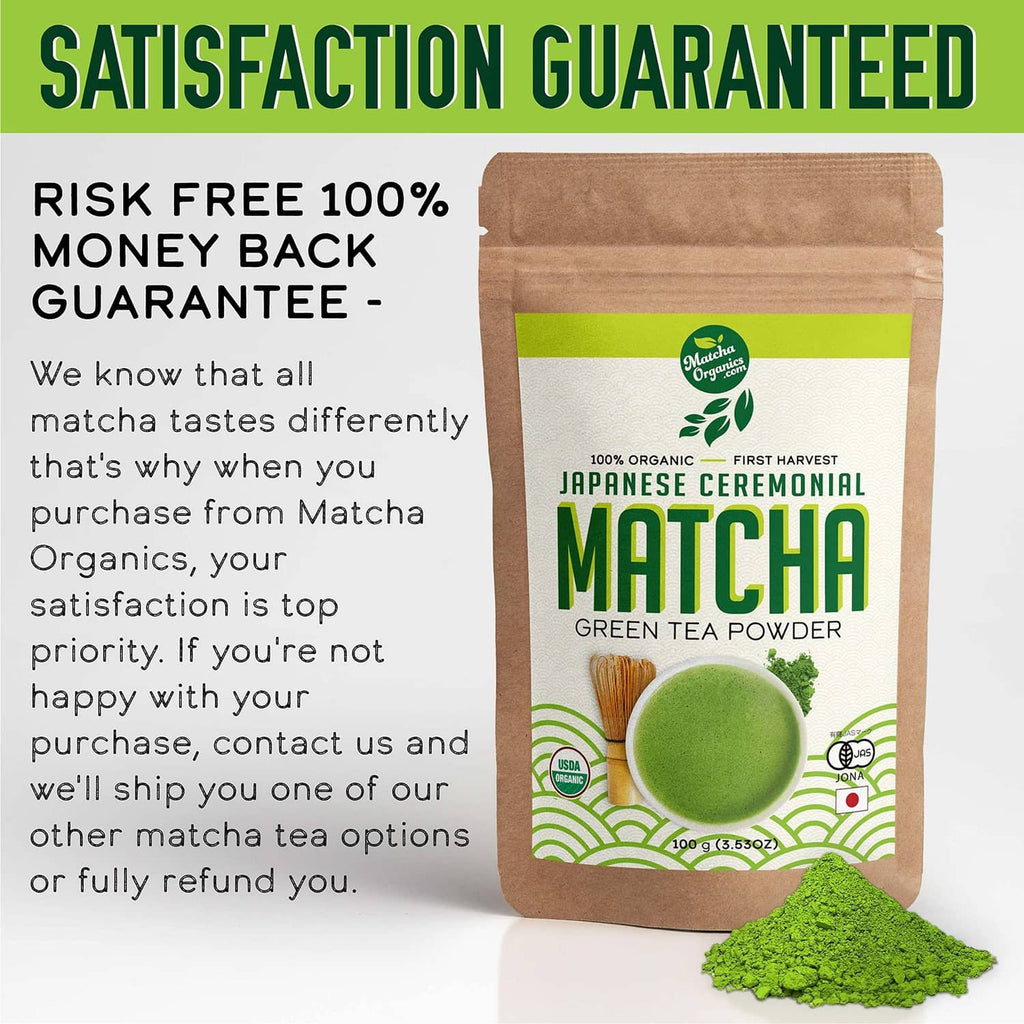 Matcha green tea powder bulk bag with satisfaction guarantee text