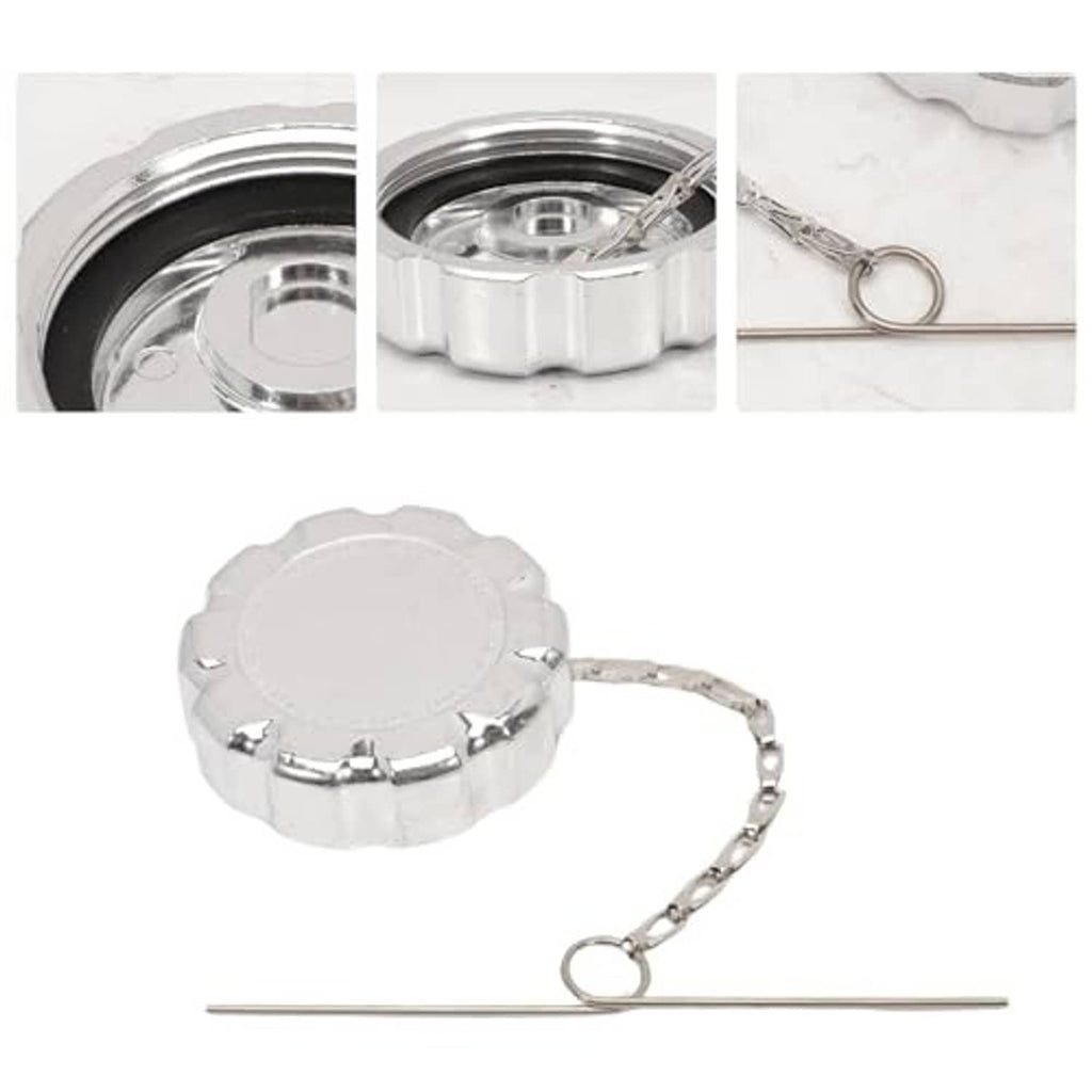 Chrome diesel fuel tank cap with chain, top and threaded opening close-ups