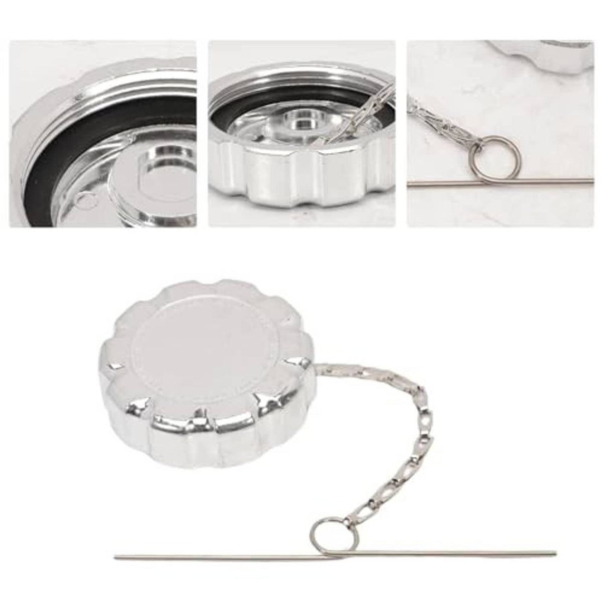 Chrome diesel fuel tank cap with chain, top and threaded opening close-ups