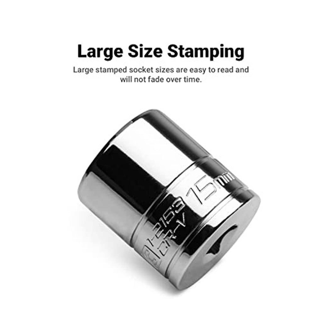 Chrome shallow socket, angled view, 12-point SAE marking on body
