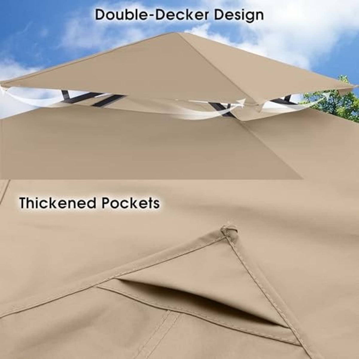 Beige double-decker canopy top with layered fabric and thick side pockets